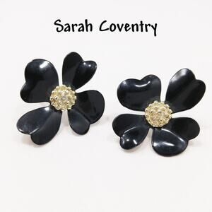 Vintage Sarah Coventry Flower Earrings, Black Gold Tone, 1960s Jewelry